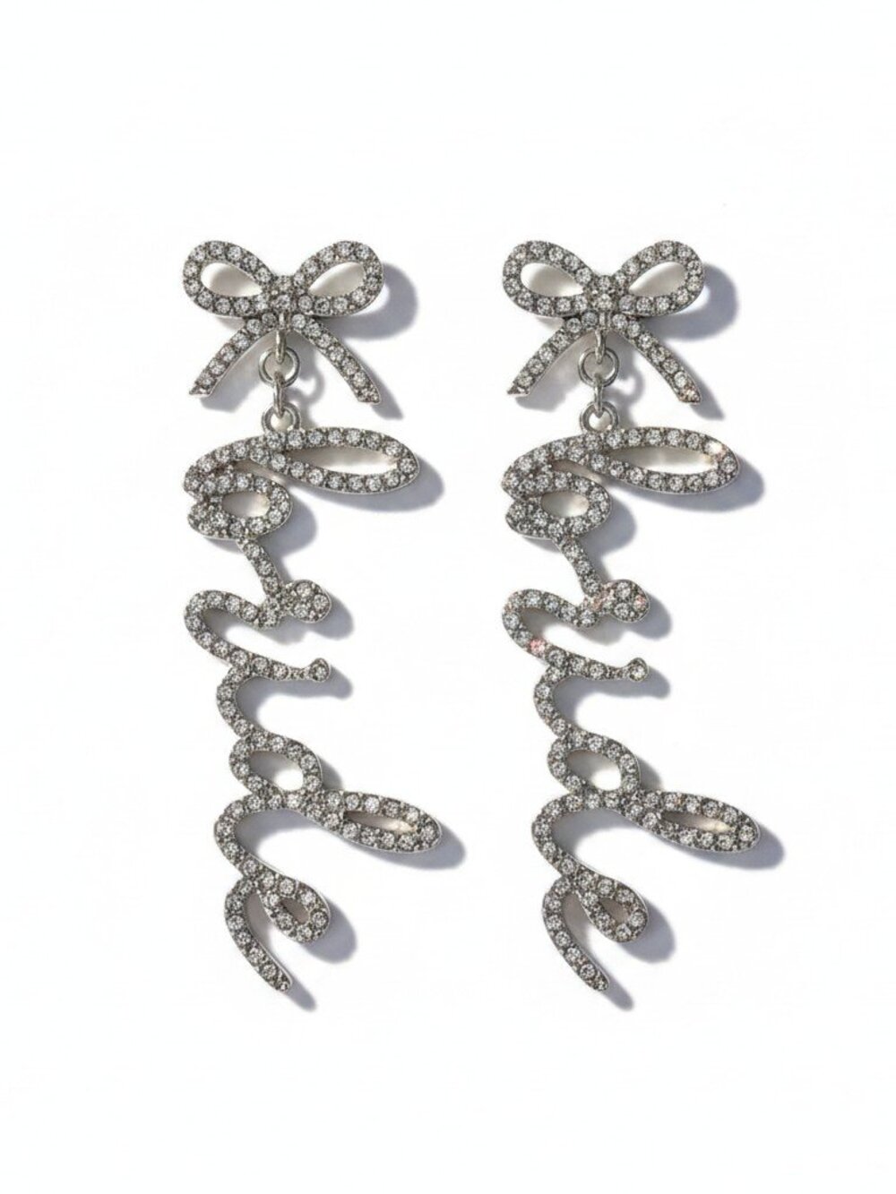Silver Crystal Bow Bride‎ Script Drop Earrings Bridal Wedding Statement Jewelry